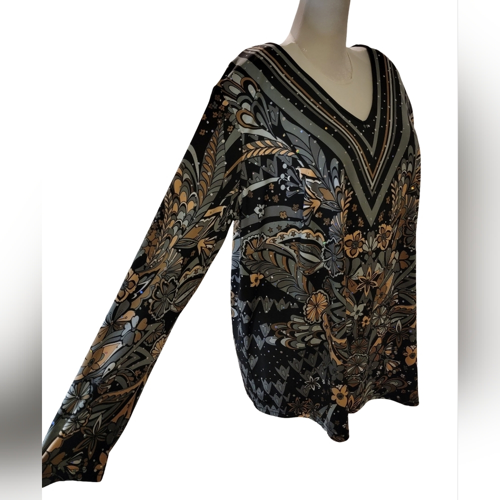 Bob Mackie Wearable Art Size 1X Black Gray Tan Boho Tunic Top with Sequins